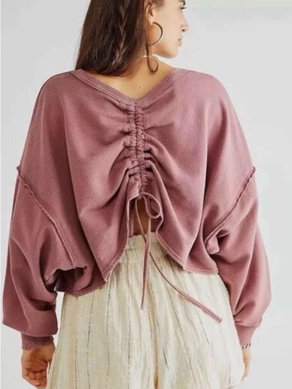 Free people Bae Pullover Mauve Ruched Back Drawstring Sweatshirt